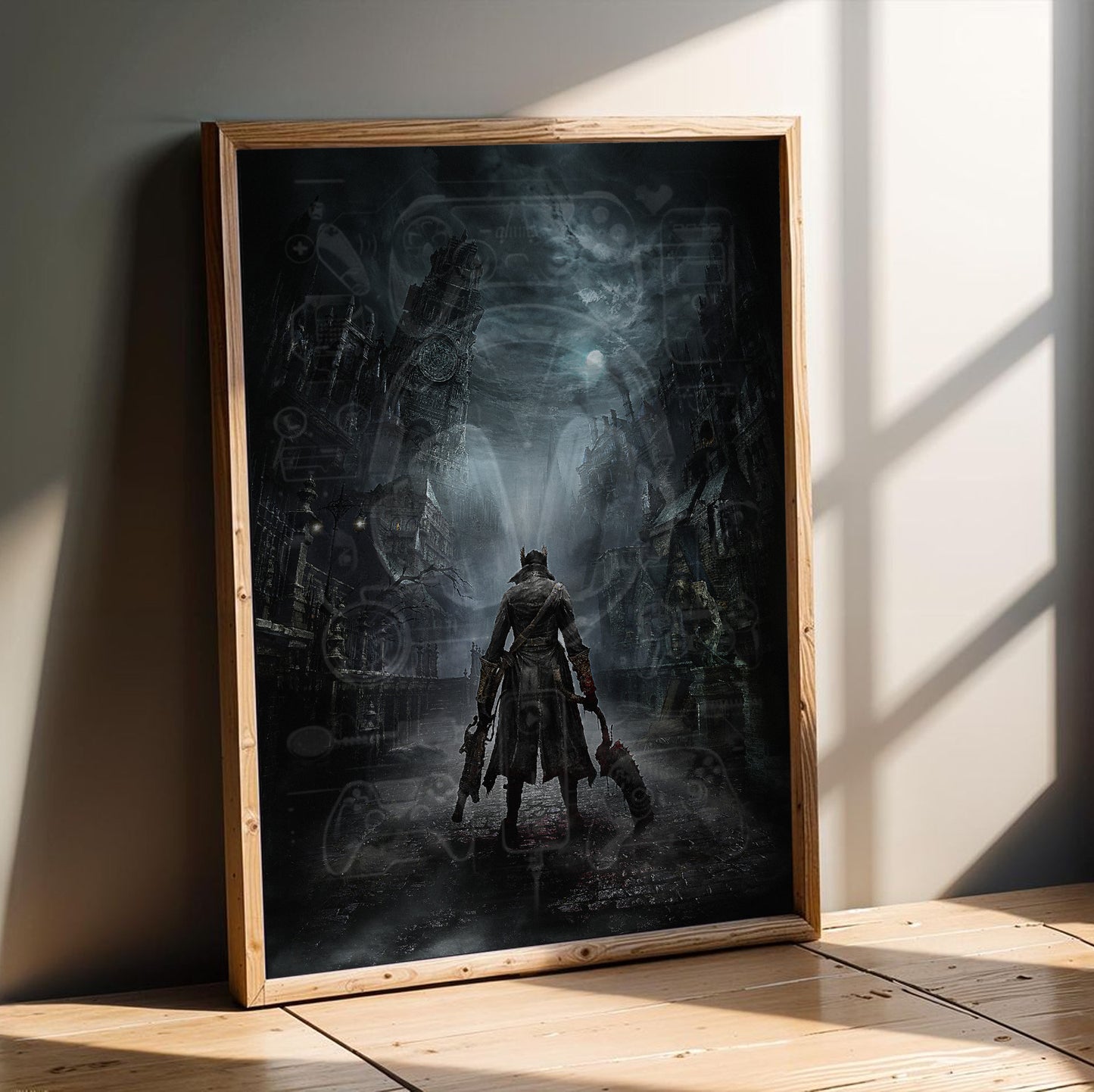 Bloodborne Yharnam key art poster in a modern interior