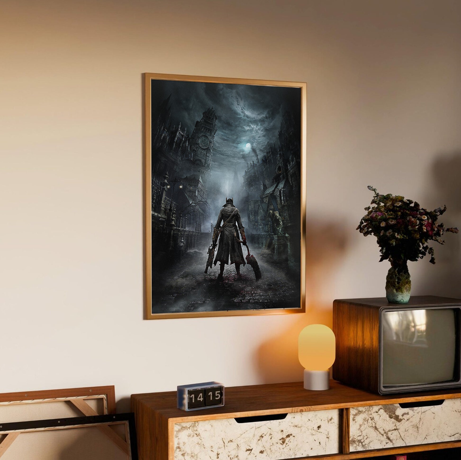 Bloodborne Yharnam key art poster styled on a gallery wall