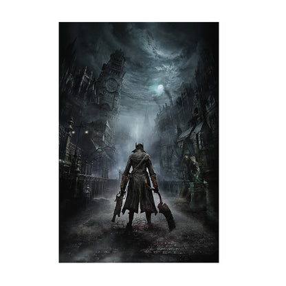 Bloodborne Yharnam key art poster with the Hunter under the moon