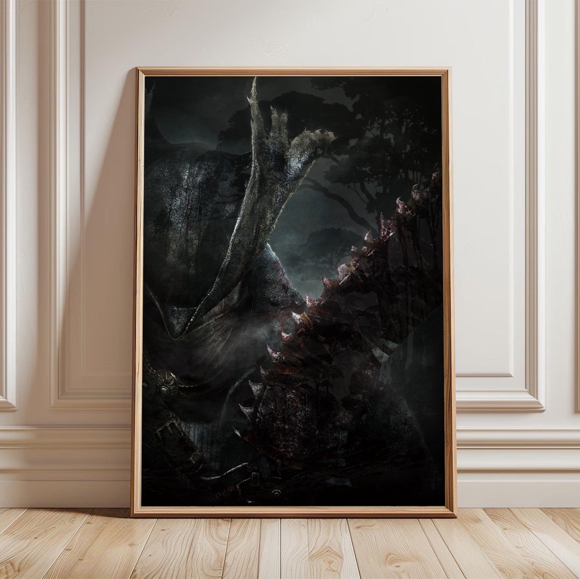 Bloodborne Hunter and Saw Cleaver poster in a framed room setting