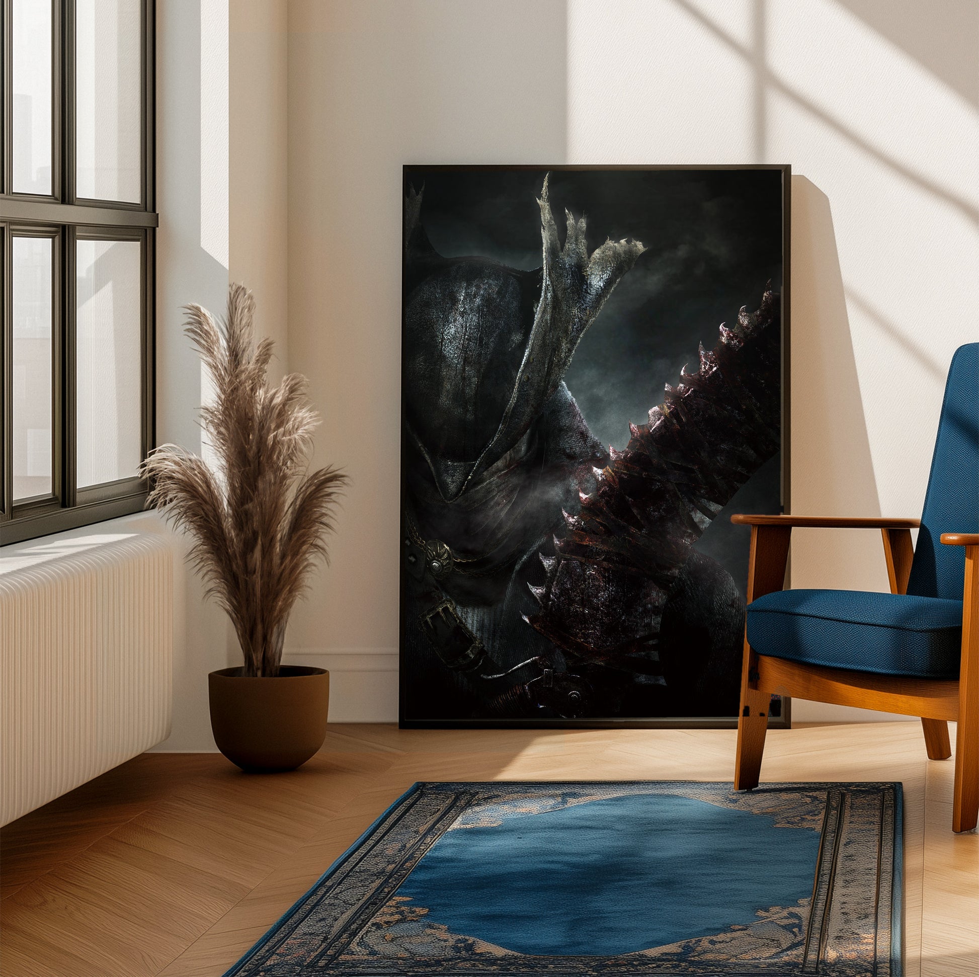 Bloodborne Hunter and Saw Cleaver poster on a living room wall