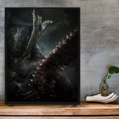 Bloodborne Hunter and Saw Cleaver poster hung above a desk