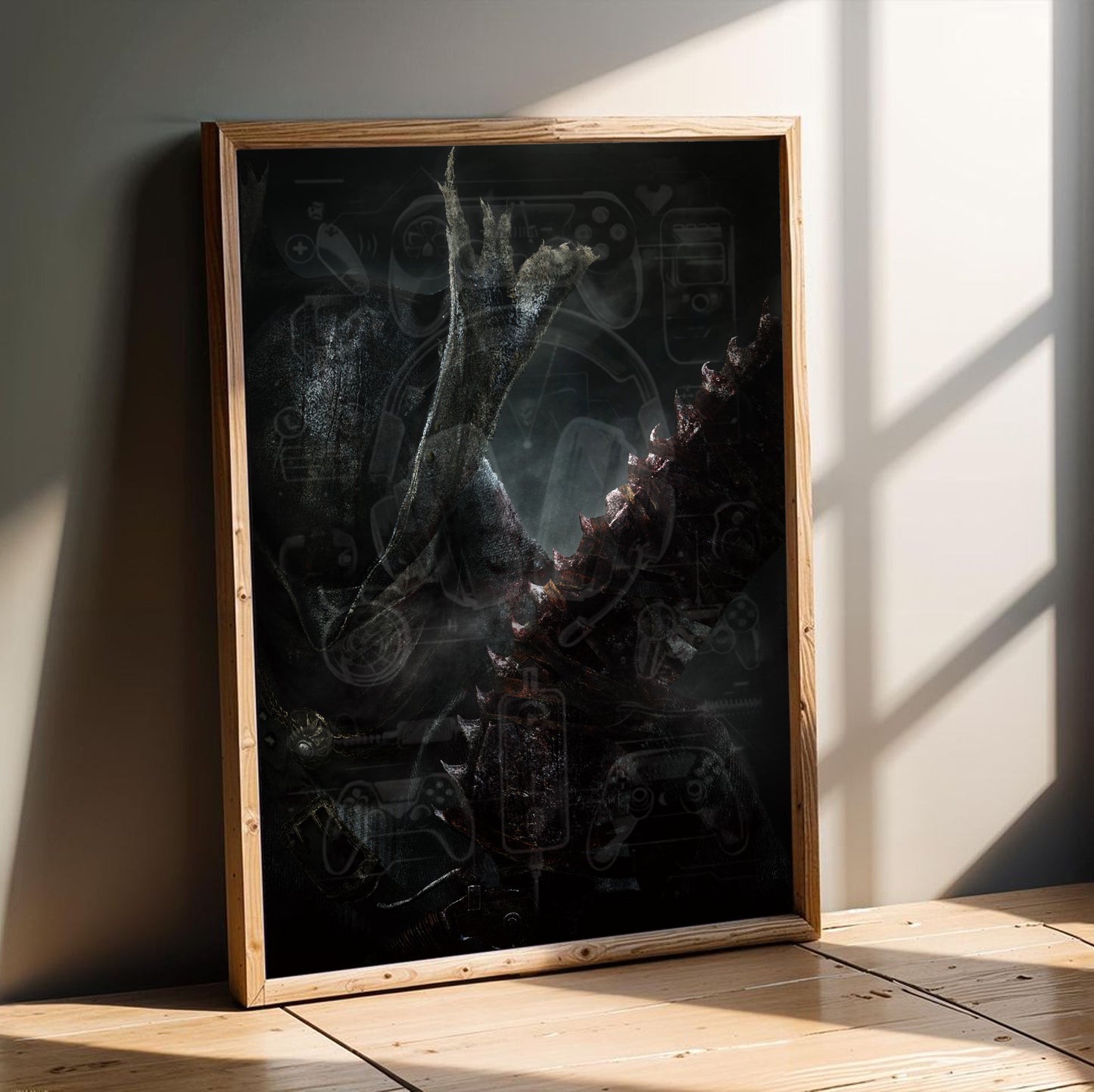 Bloodborne Hunter and Saw Cleaver poster in a modern interior
