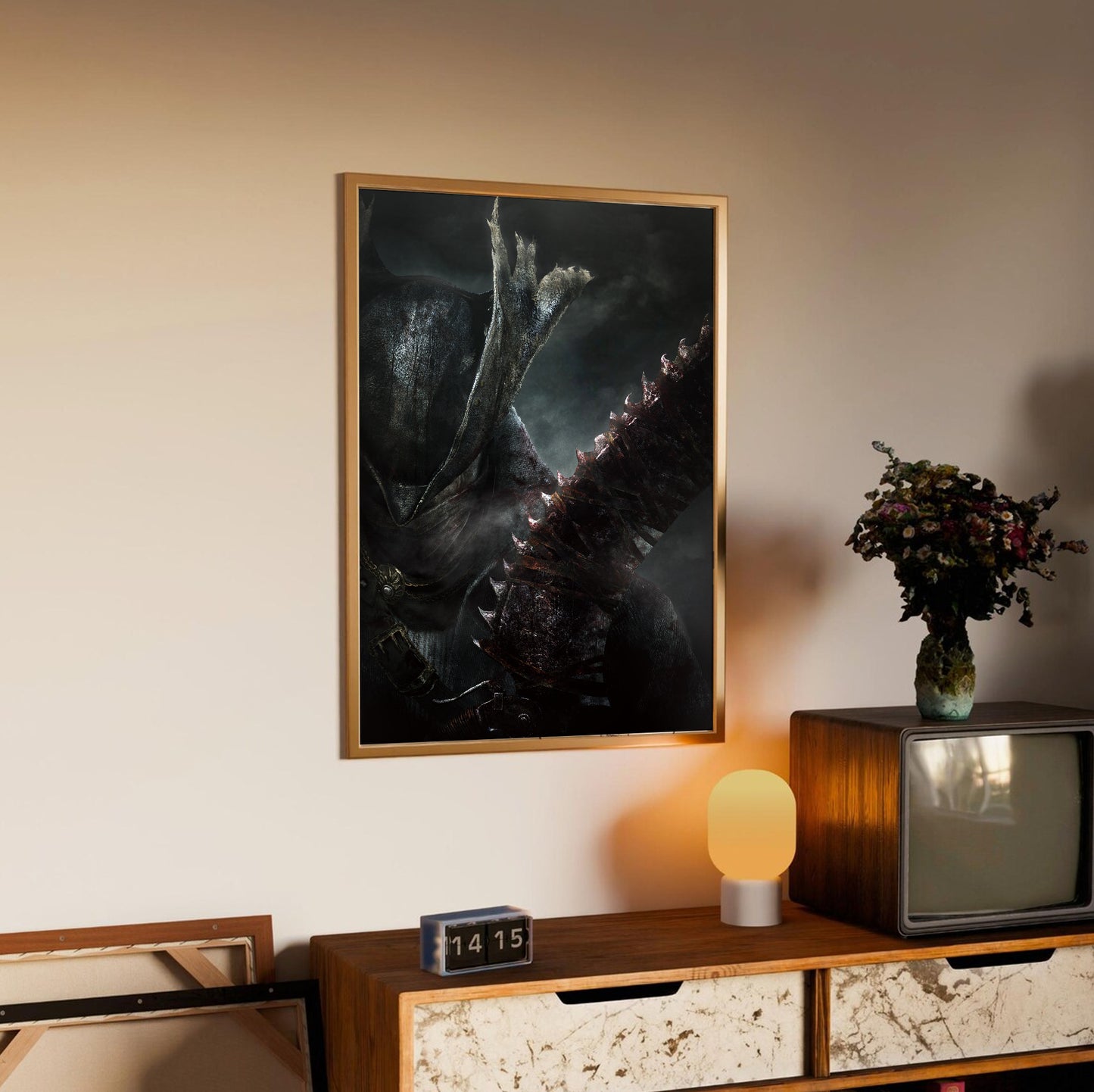 Bloodborne Hunter and Saw Cleaver poster styled on a gallery wall