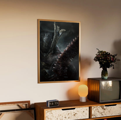 Bloodborne Hunter and Saw Cleaver poster styled on a gallery wall
