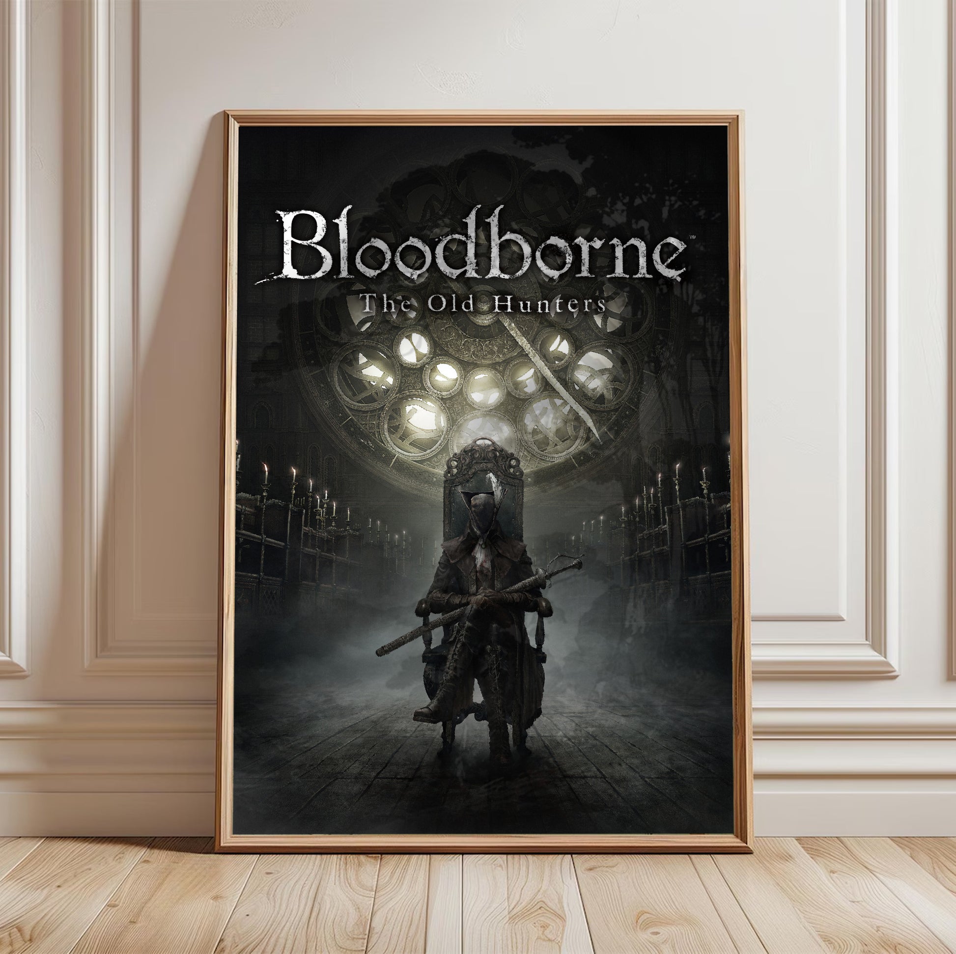 Bloodborne The Old Hunters poster in a framed room setting