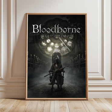 Bloodborne The Old Hunters poster in a framed room setting