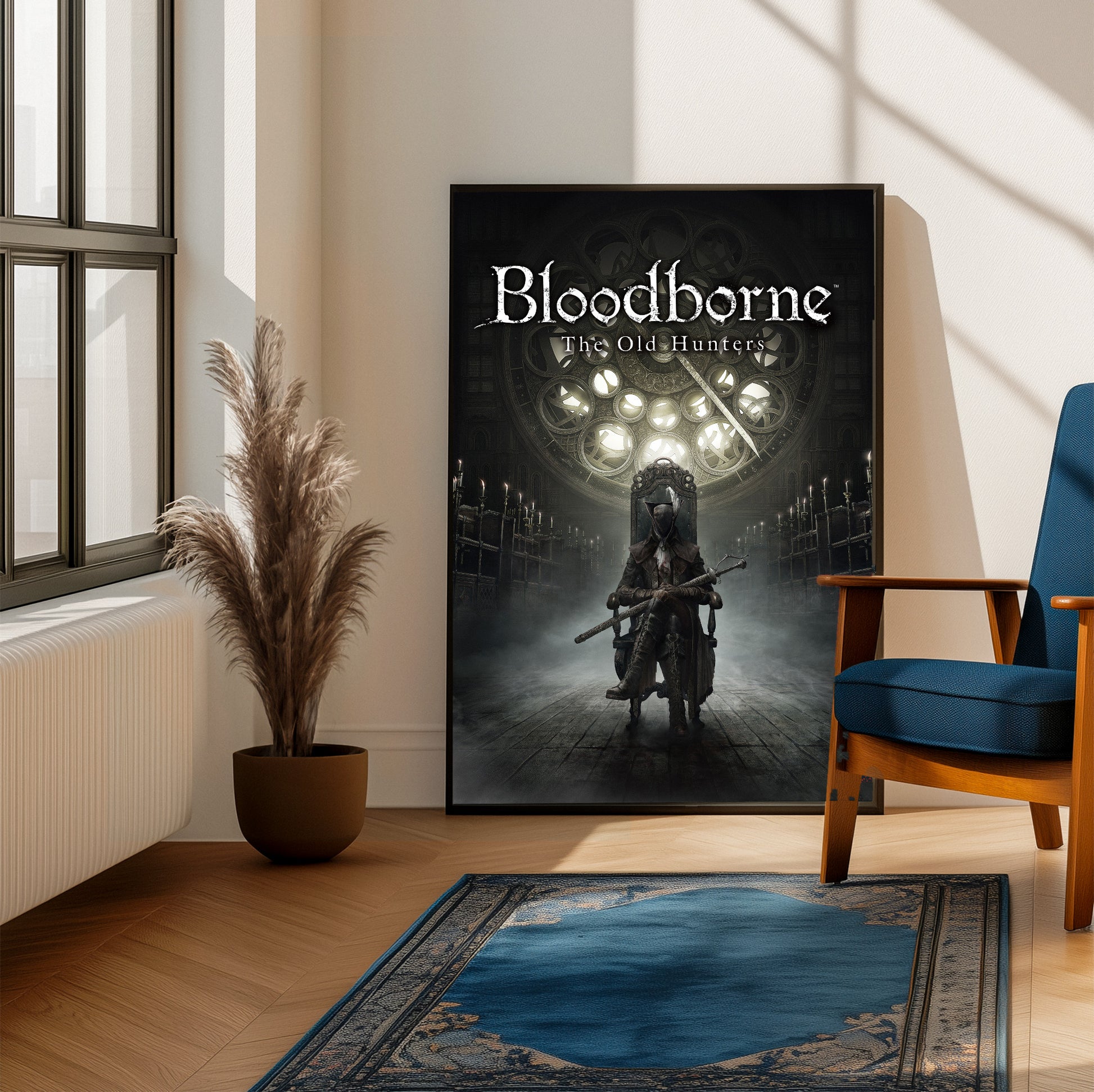 Bloodborne The Old Hunters poster on a living room wall