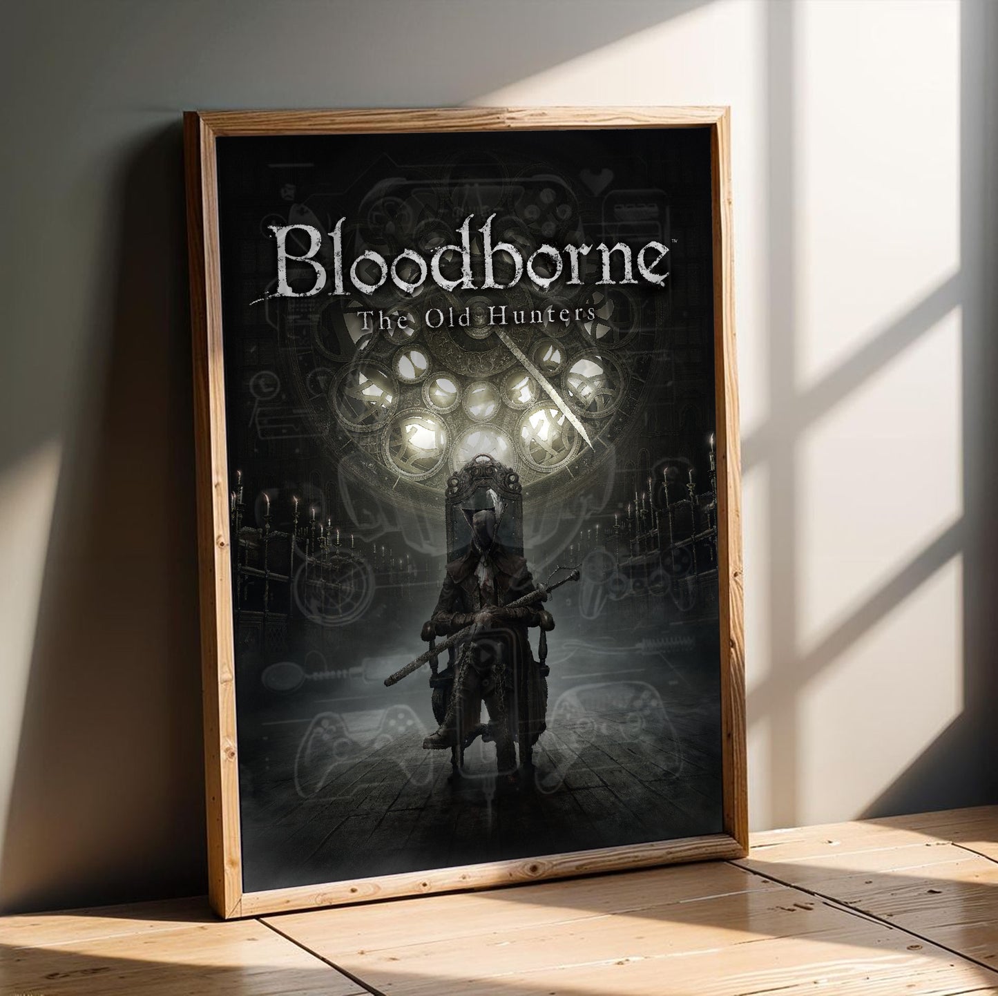 Bloodborne The Old Hunters poster in a modern interior