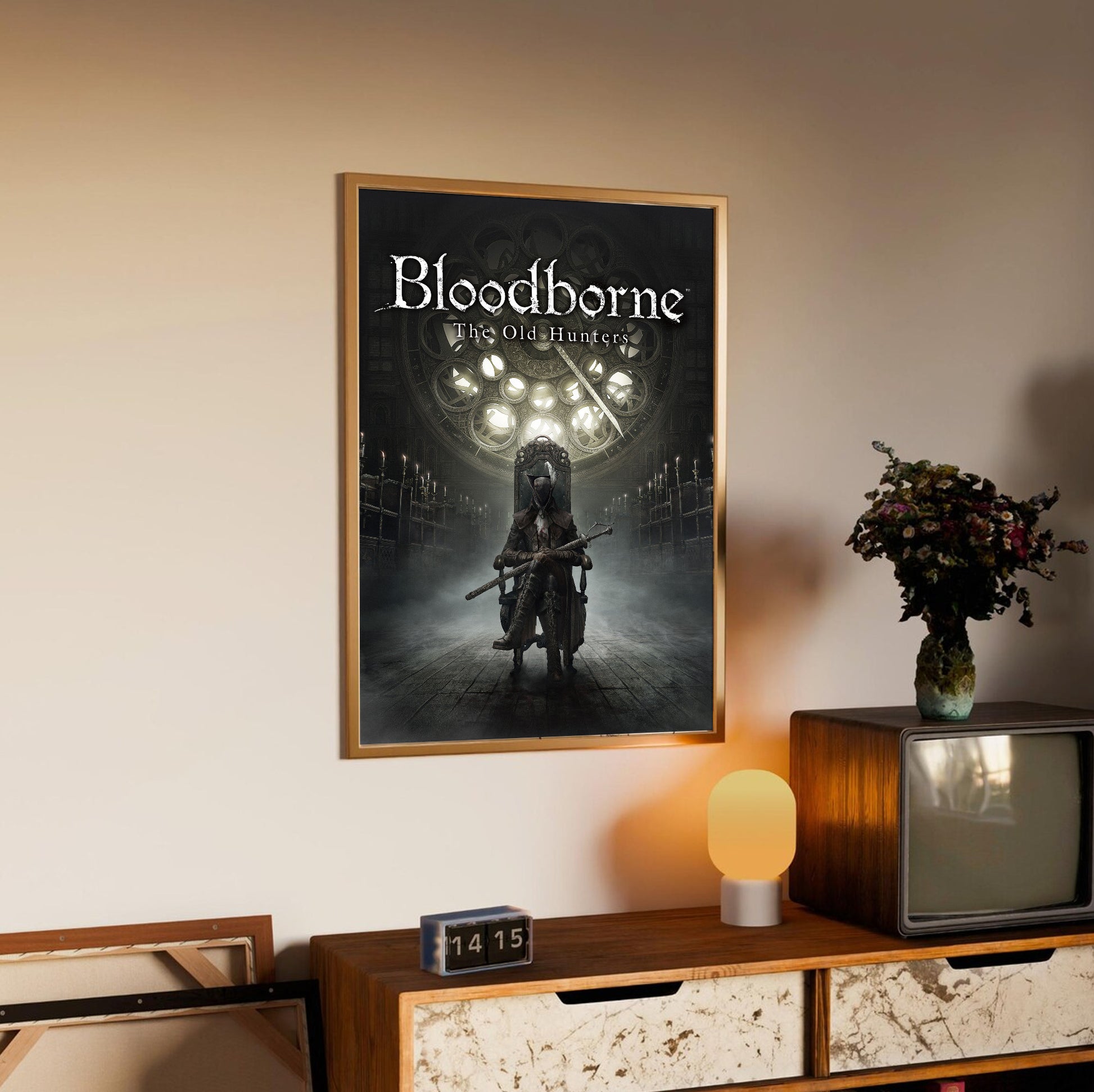 Bloodborne The Old Hunters poster styled on a gallery wall