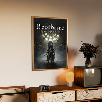 Bloodborne The Old Hunters poster styled on a gallery wall
