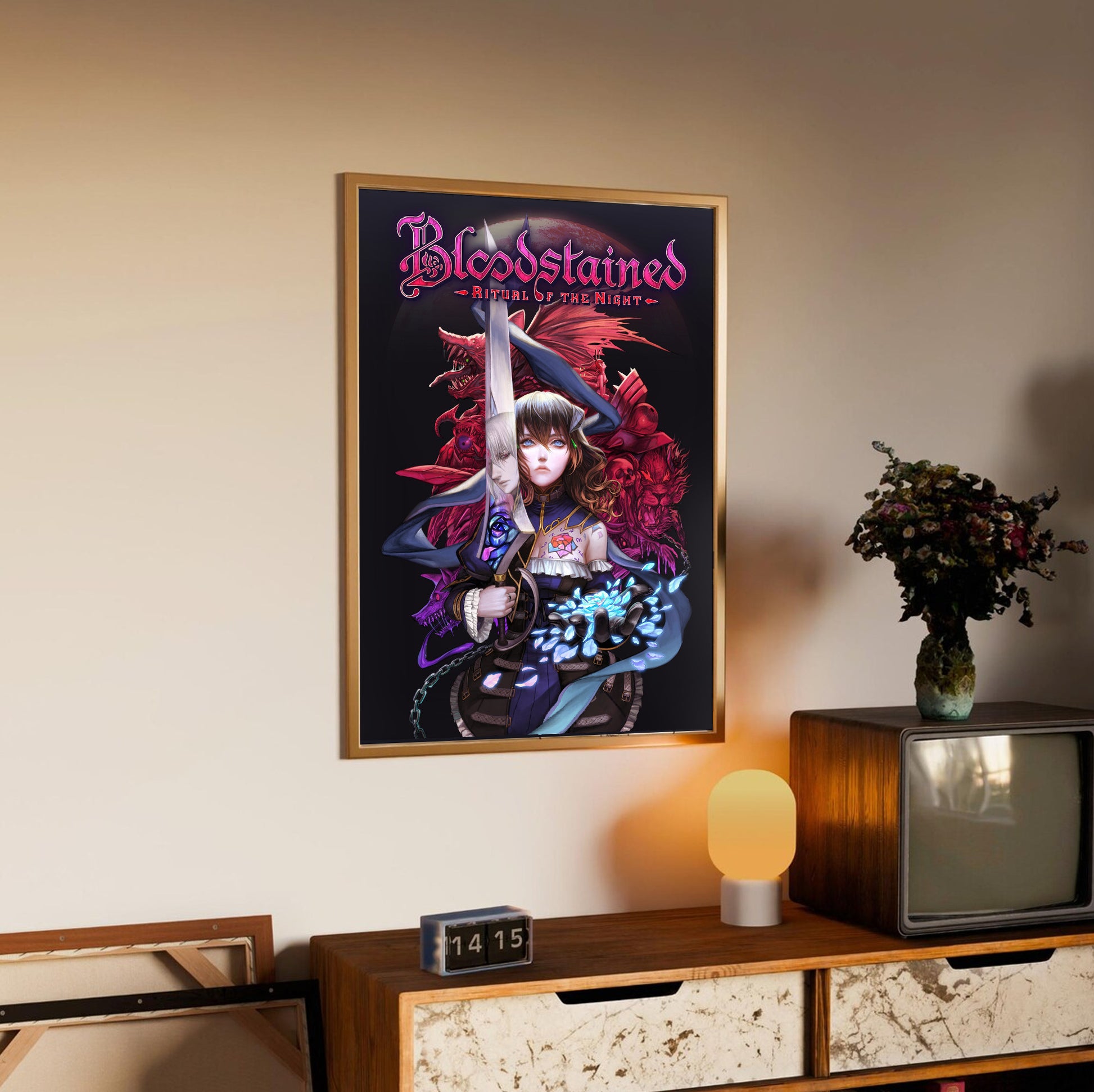 Bloodstained Ritual of the Night poster styled on a gallery wall