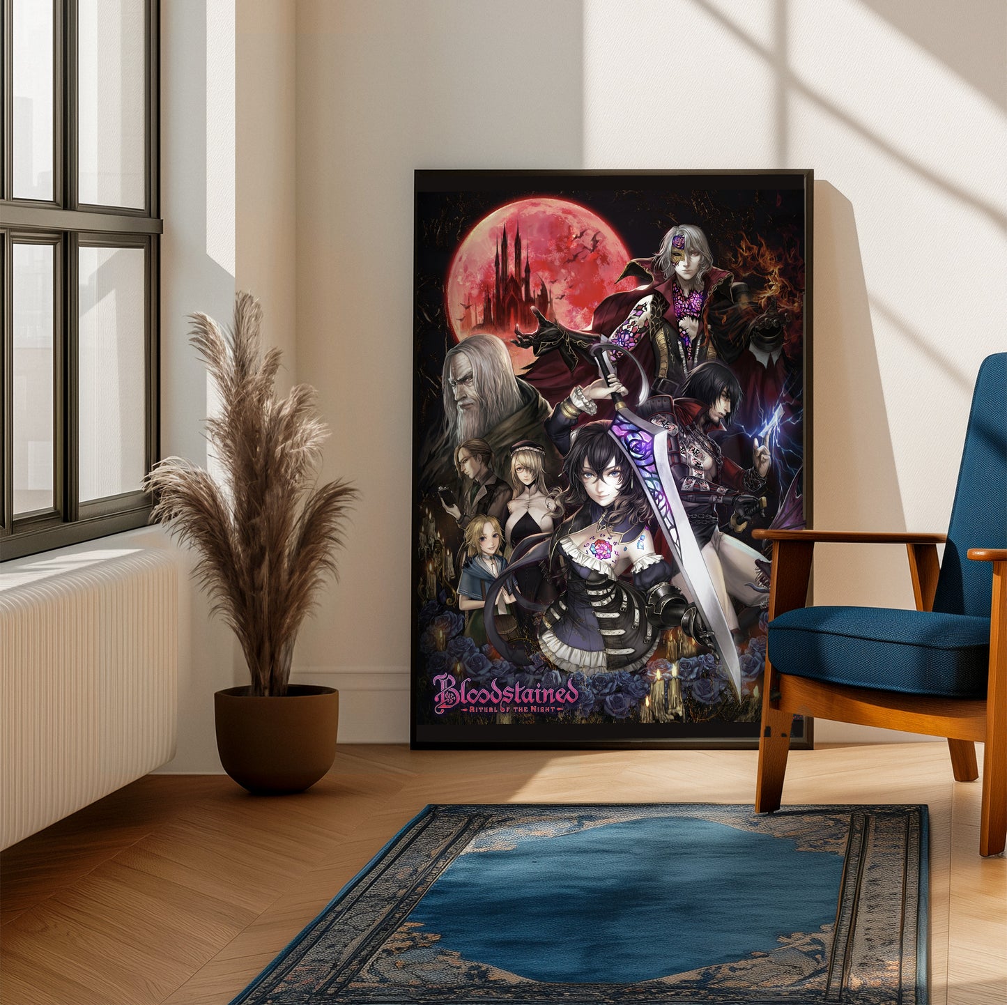 Bloodstained Ritual of the Night key art poster on a living room wall