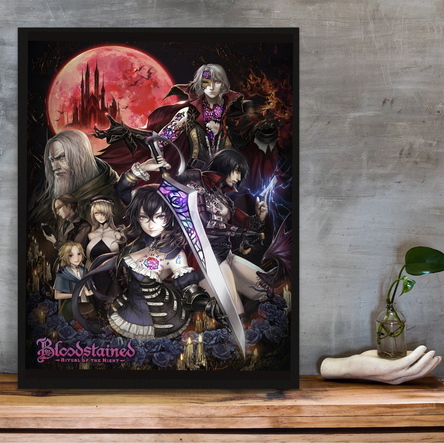 Bloodstained Ritual of the Night key art poster hung above a desk