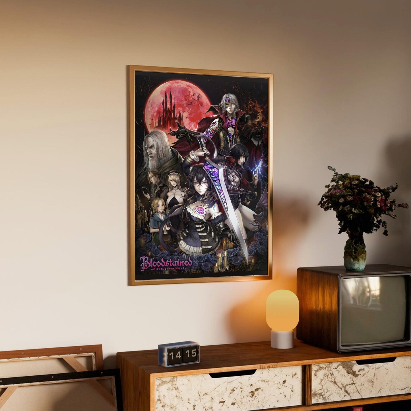 Bloodstained Ritual of the Night key art poster styled on a gallery wall