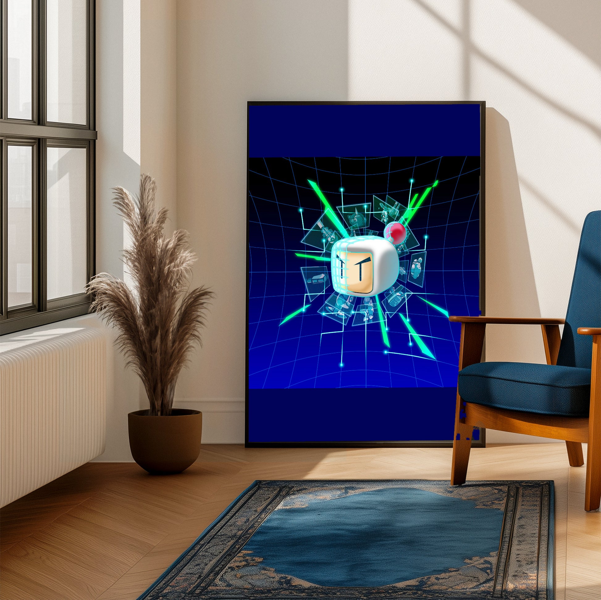 Bomberman 2 artwork poster on a living room wall