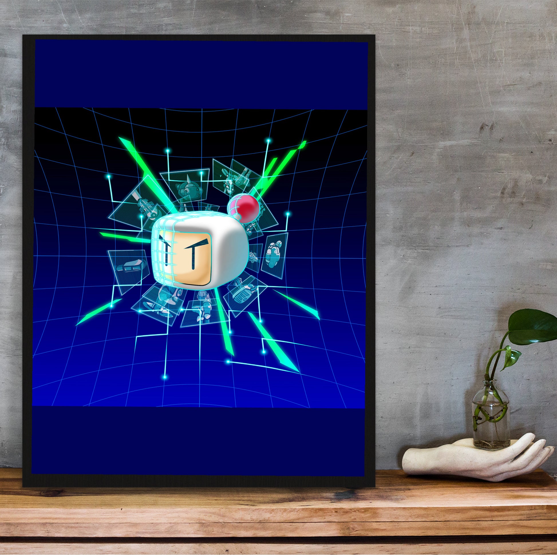 Bomberman 2 artwork poster hung above a desk