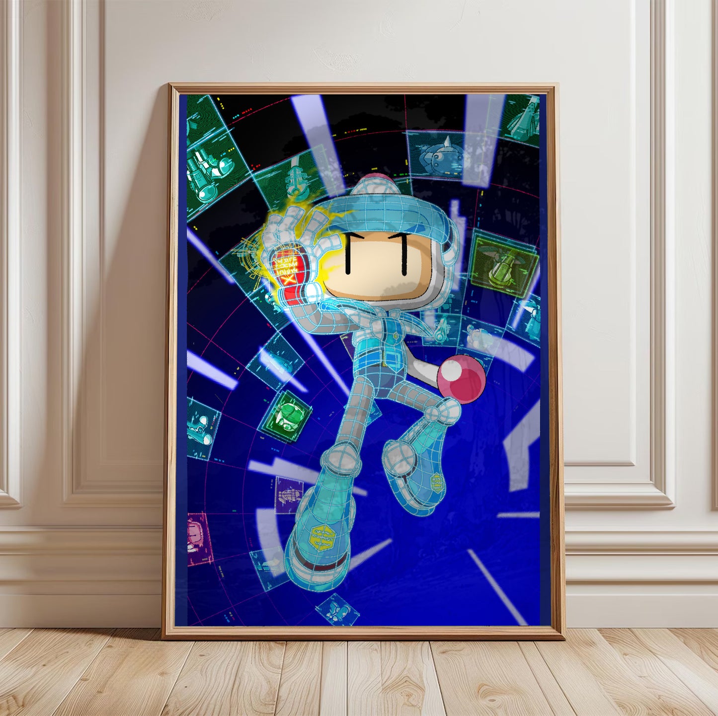 Bomberman 2 cover art poster in a framed room setting