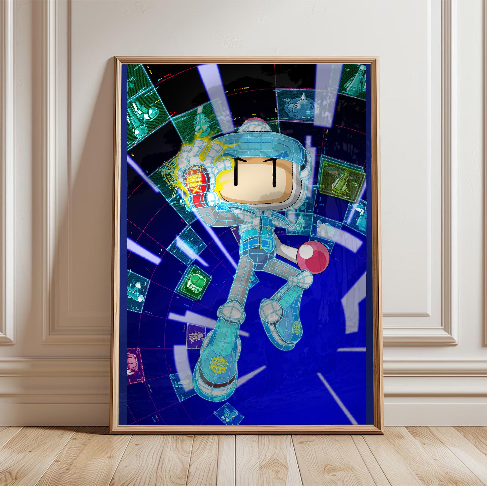 Bomberman 2 cover art poster in a framed room setting