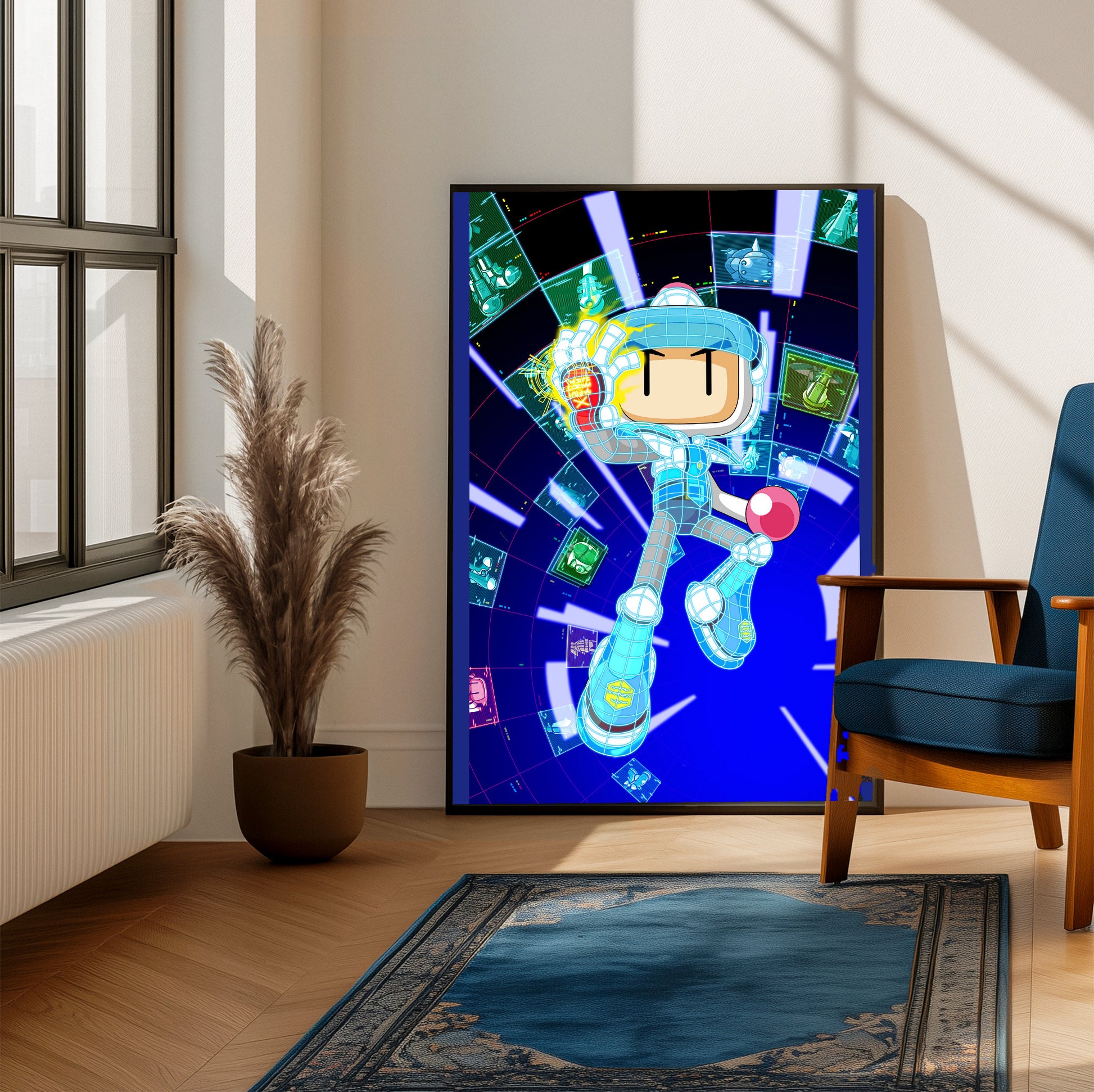 Bomberman 2 cover art poster on a living room wall