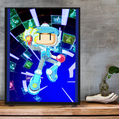 Bomberman 2 cover art poster hung above a desk