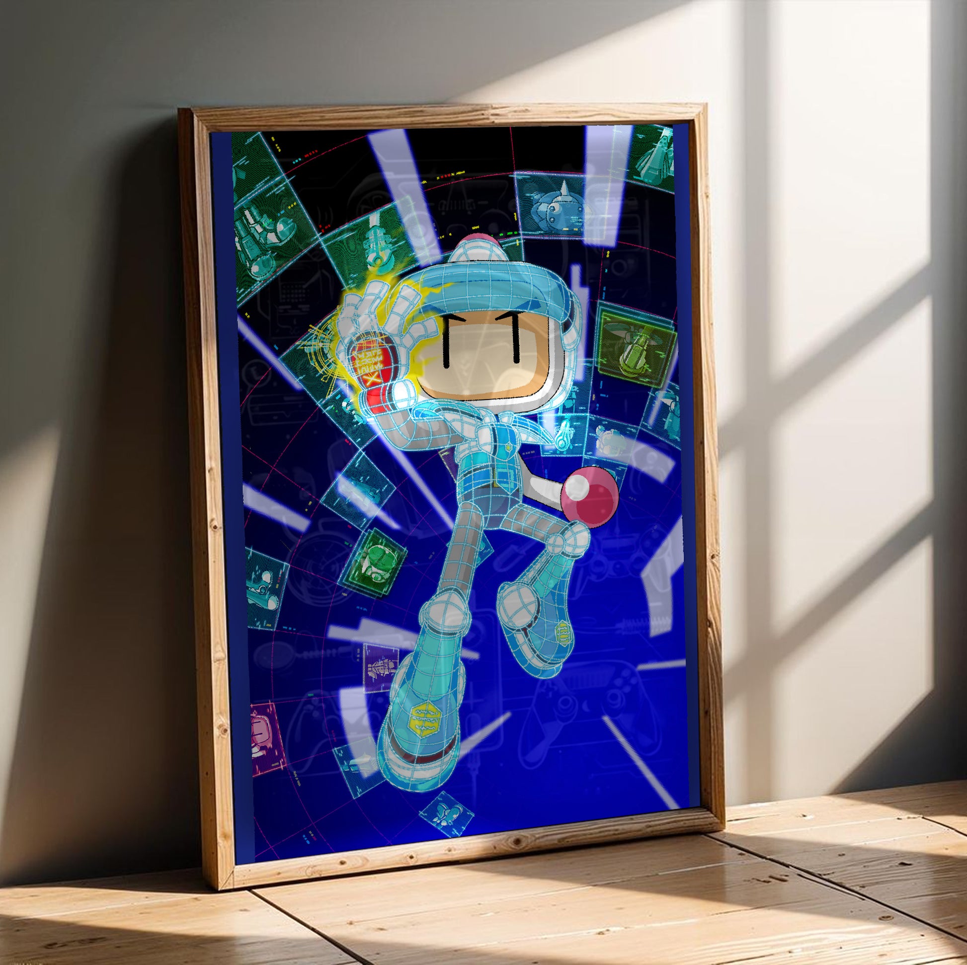 Bomberman 2 cover art poster in a modern interior