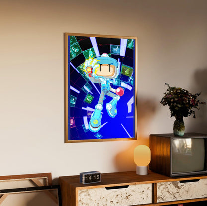 Bomberman 2 cover art poster styled on a gallery wall