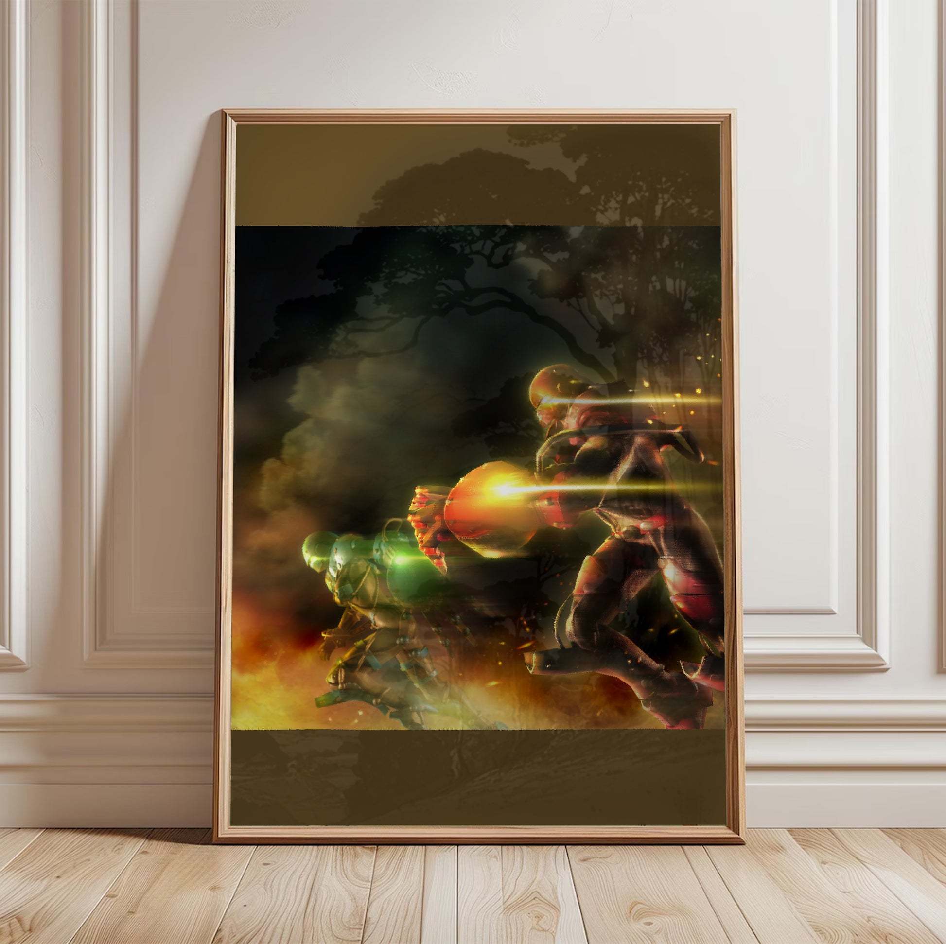 Bomberman Act Zero green vs red poster in a framed room setting
