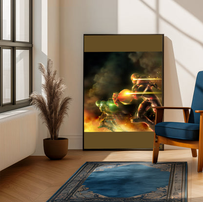 Bomberman Act Zero green vs red poster on a living room wall