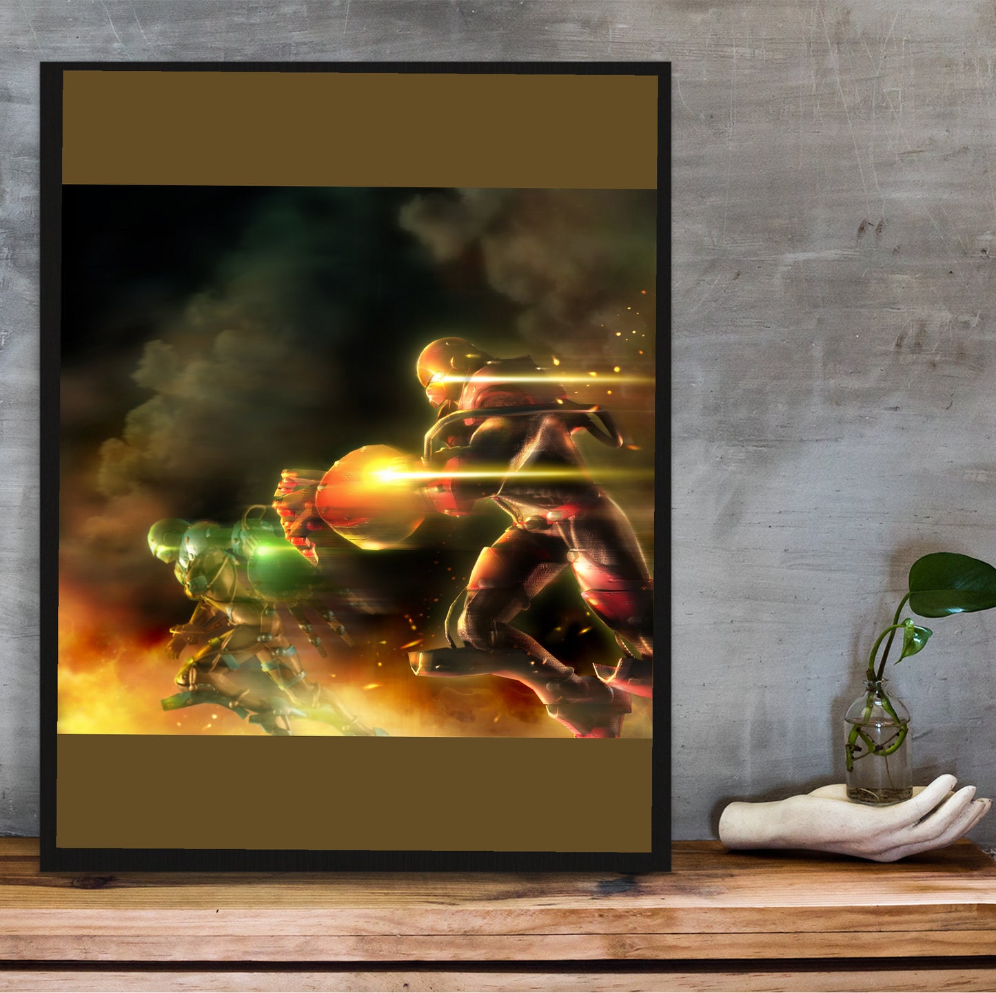 Bomberman Act Zero green vs red poster hung above a desk