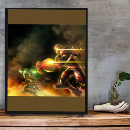 Bomberman Act Zero green vs red poster hung above a desk