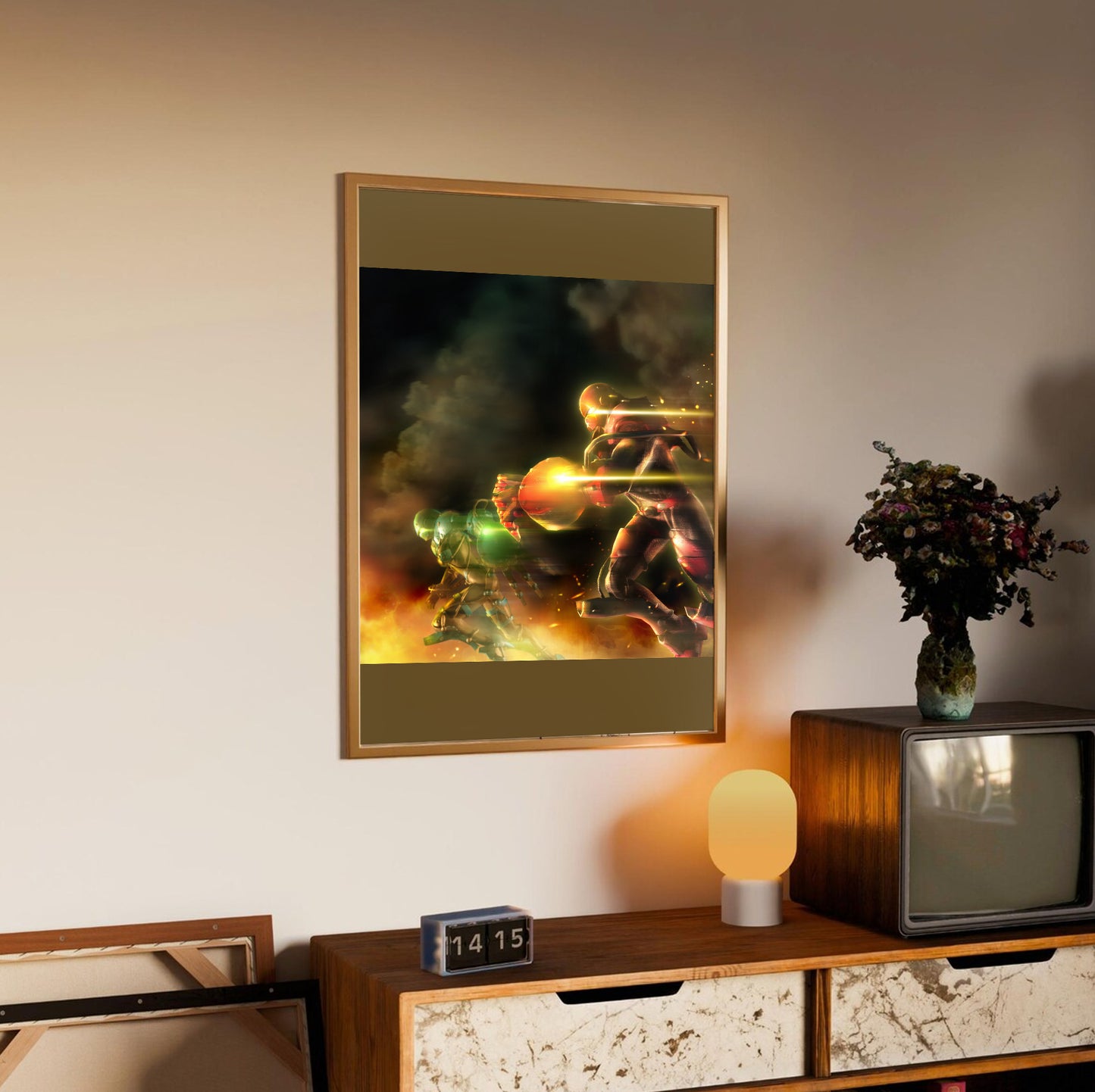 Bomberman Act Zero green vs red poster styled on a gallery wall