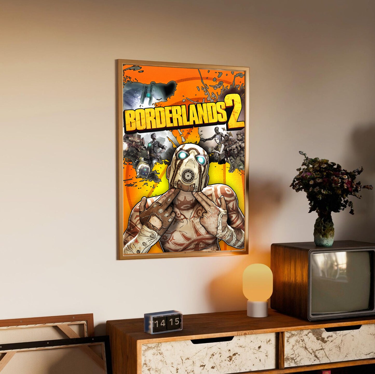 Borderlands 2 cover art poster styled on a gallery wall
