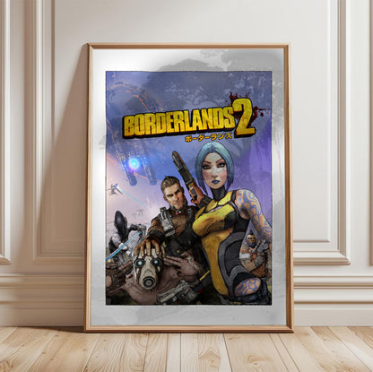 Borderlands 2 key art poster in a framed room setting