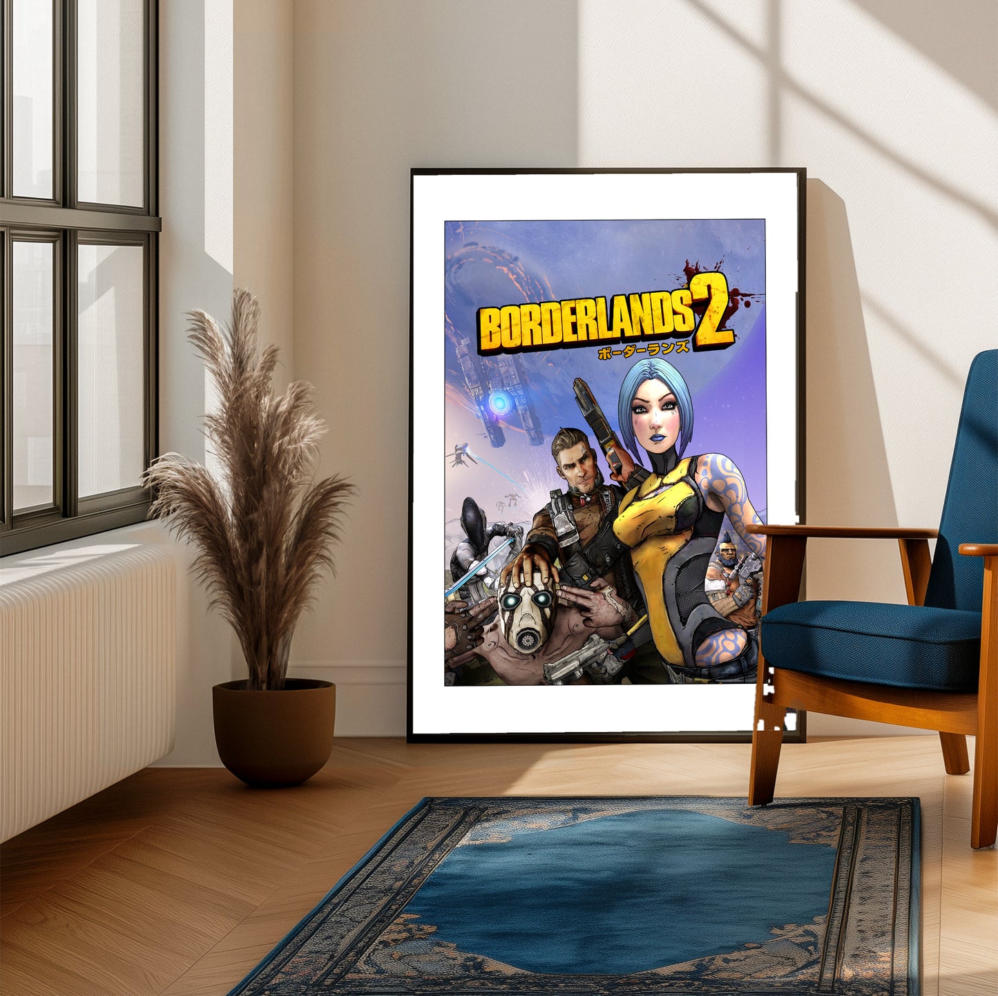 Borderlands 2 key art poster on a living room wall