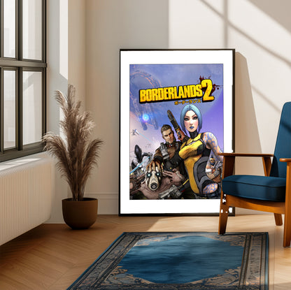 Borderlands 2 key art poster on a living room wall