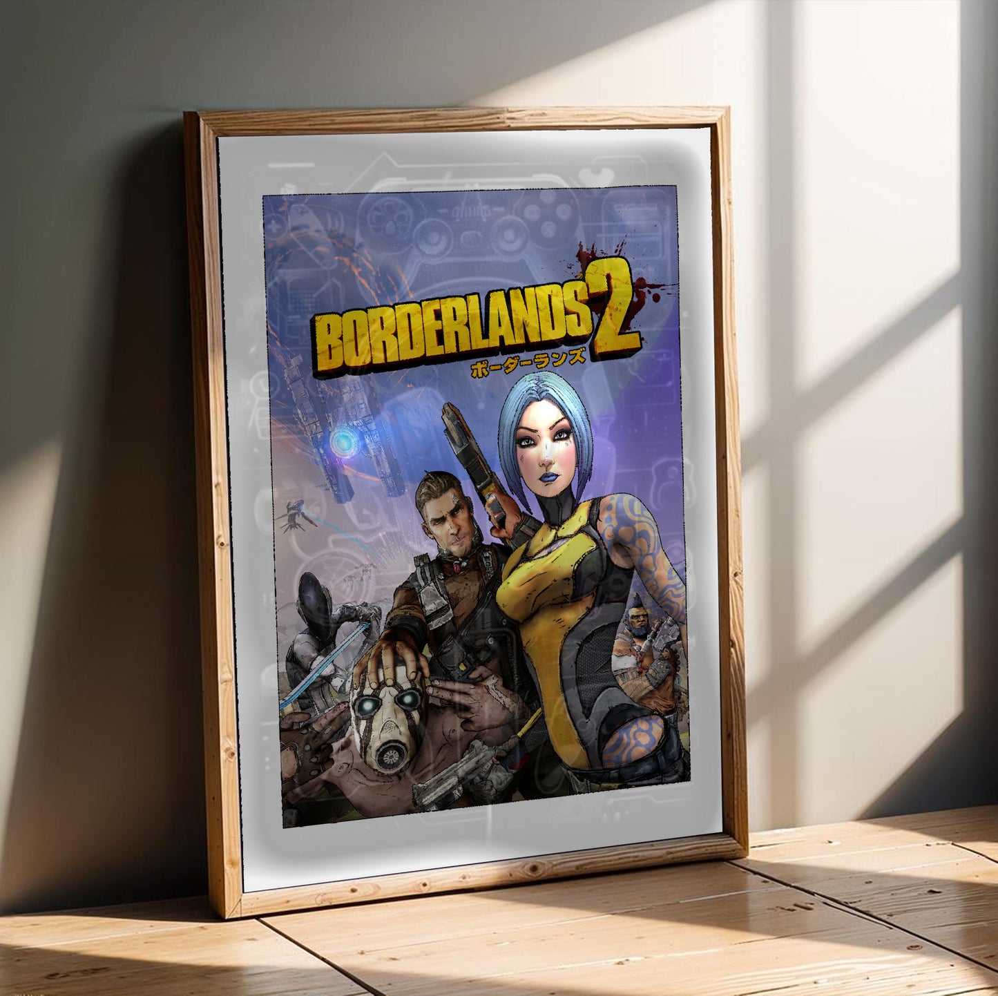 Borderlands 2 key art poster in a modern interior