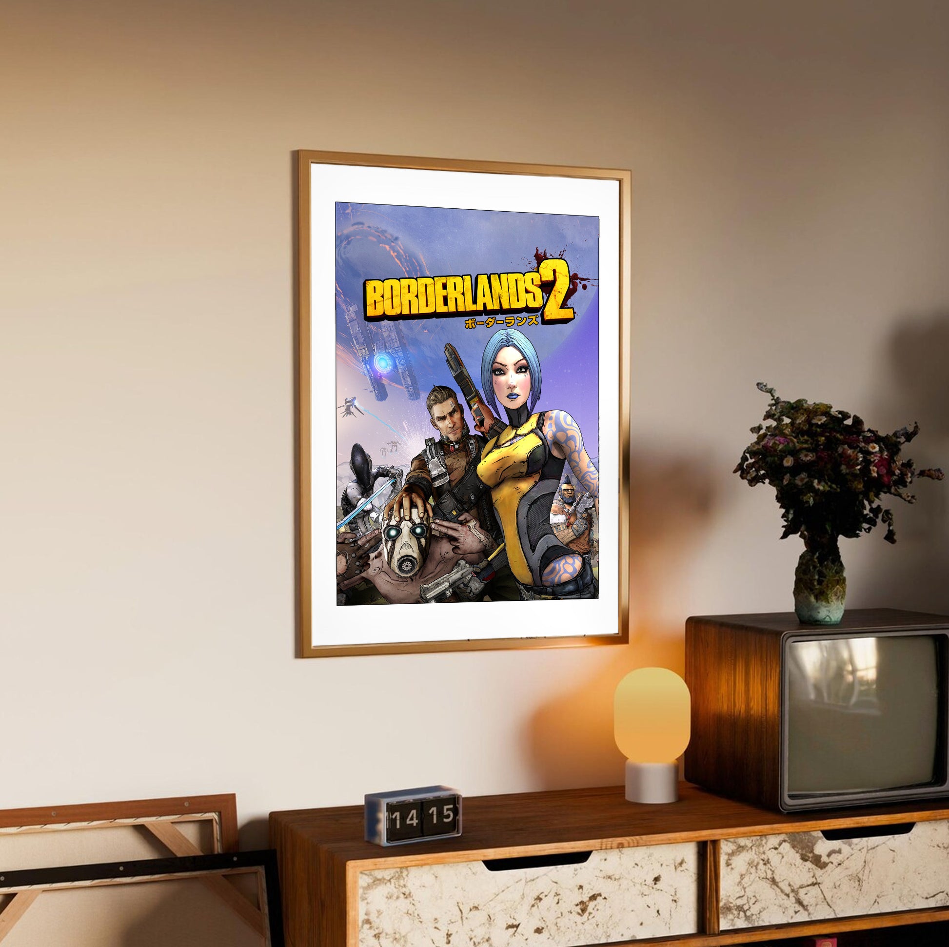 Borderlands 2 key art poster styled on a gallery wall