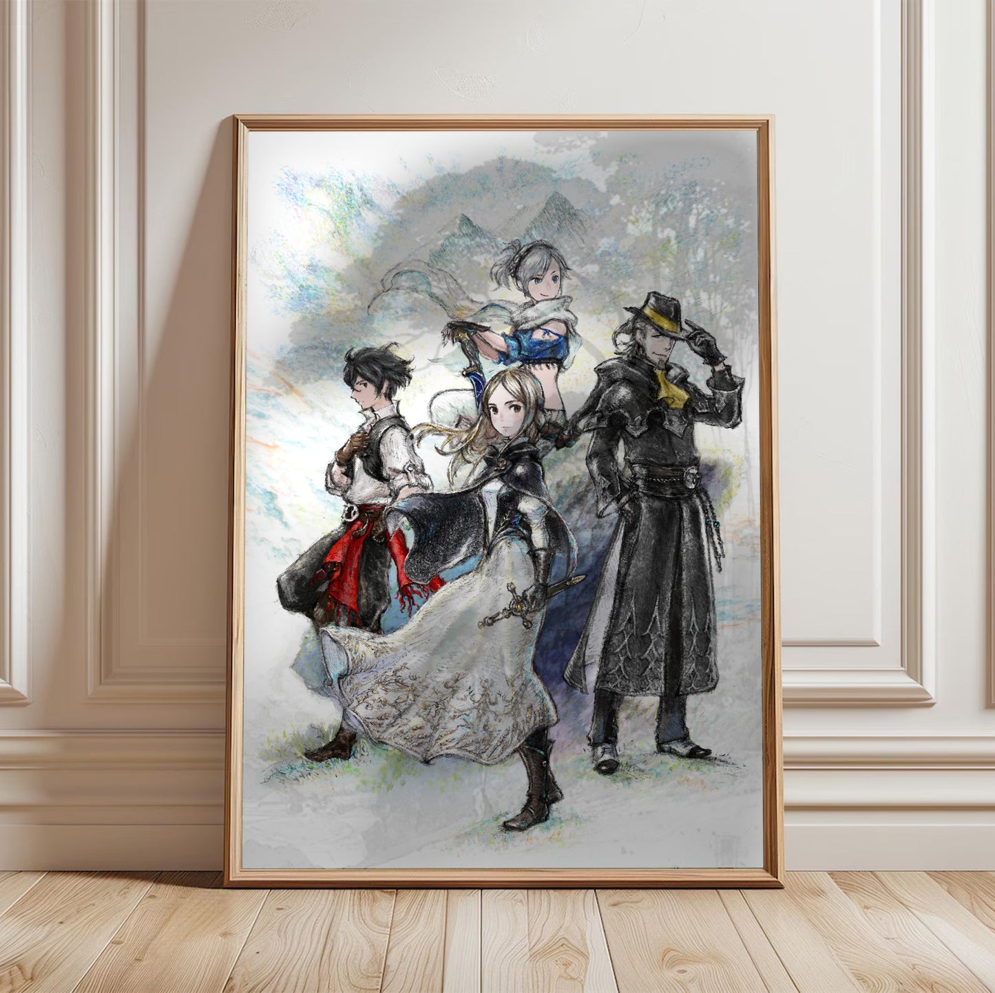 Bravely Default II poster in a framed room setting