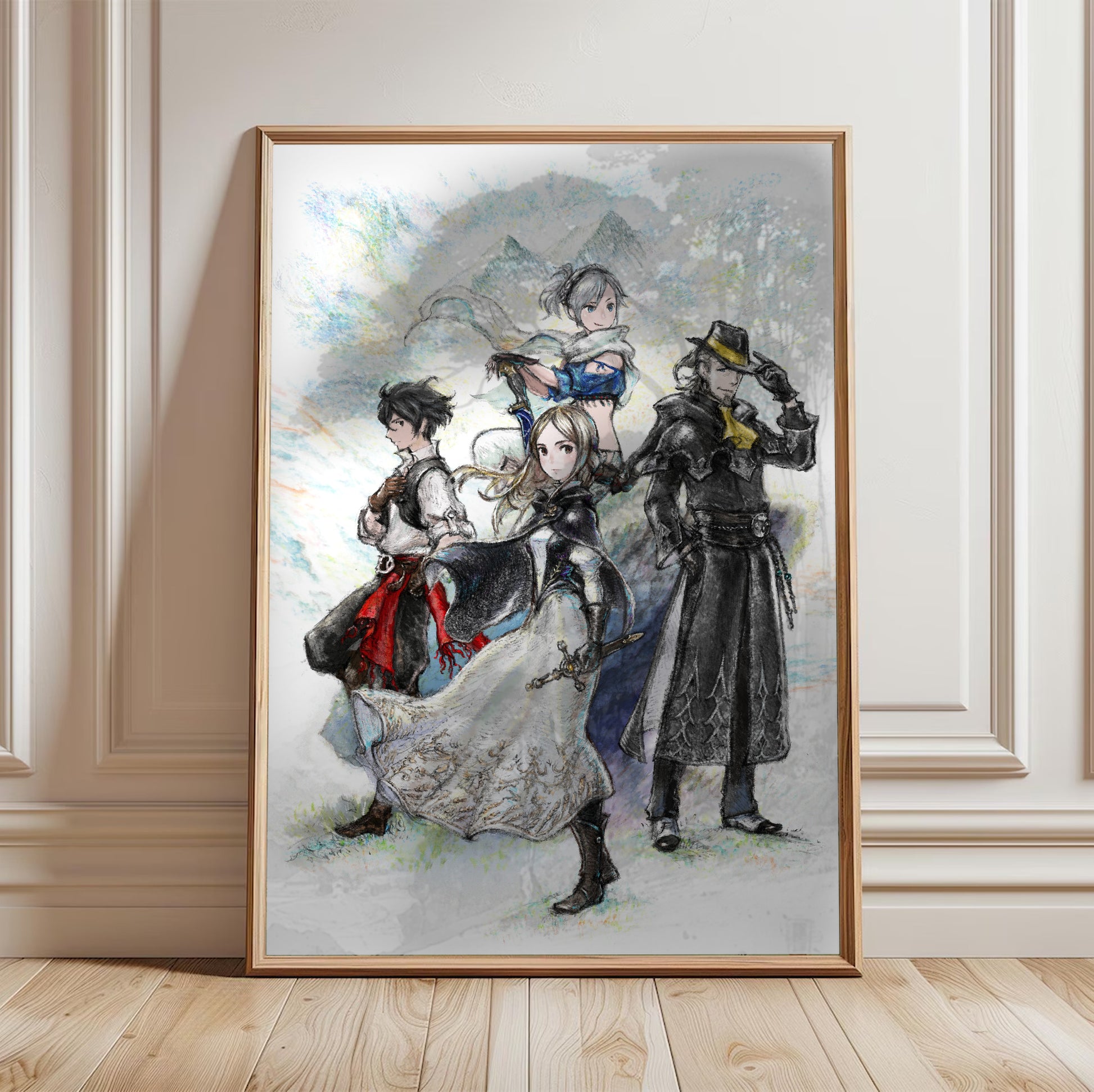 Bravely Default II poster in a framed room setting