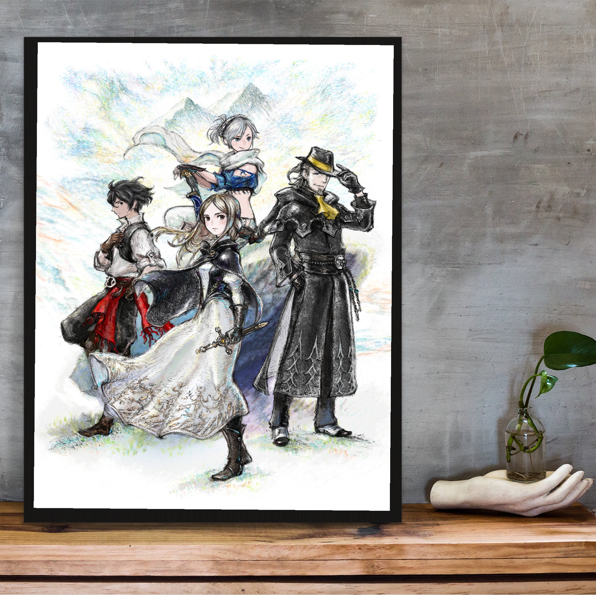 Bravely Default II poster hung above a desk