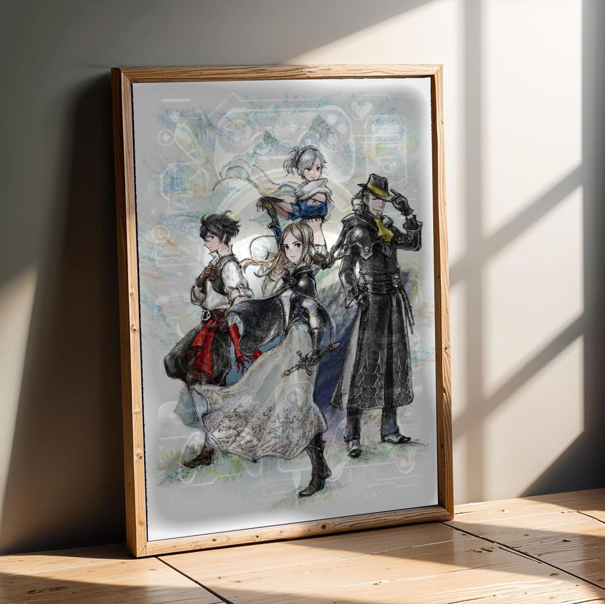 Bravely Default II poster in a modern interior