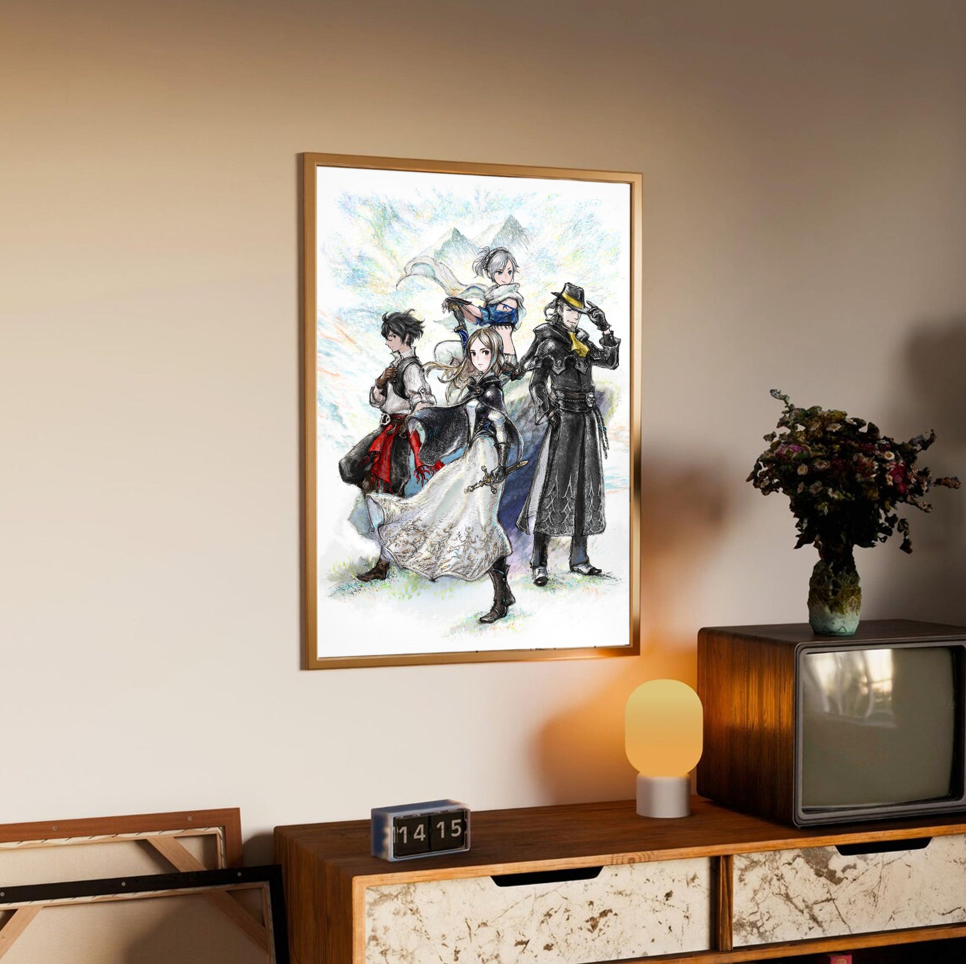 Bravely Default II poster styled on a gallery wall