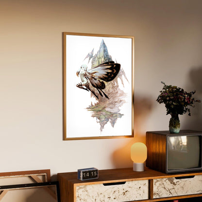 Bravely Default fairy poster styled on a gallery wall