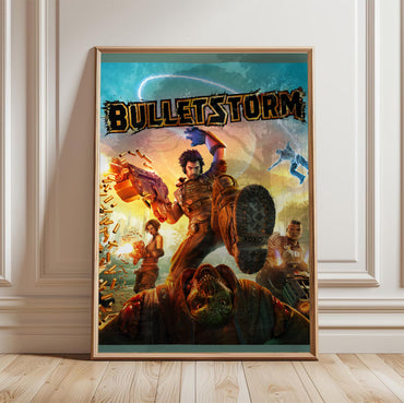 Bulletstorm logo cover art poster in a framed room setting