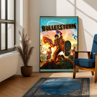 Bulletstorm logo cover art poster on a living room wall