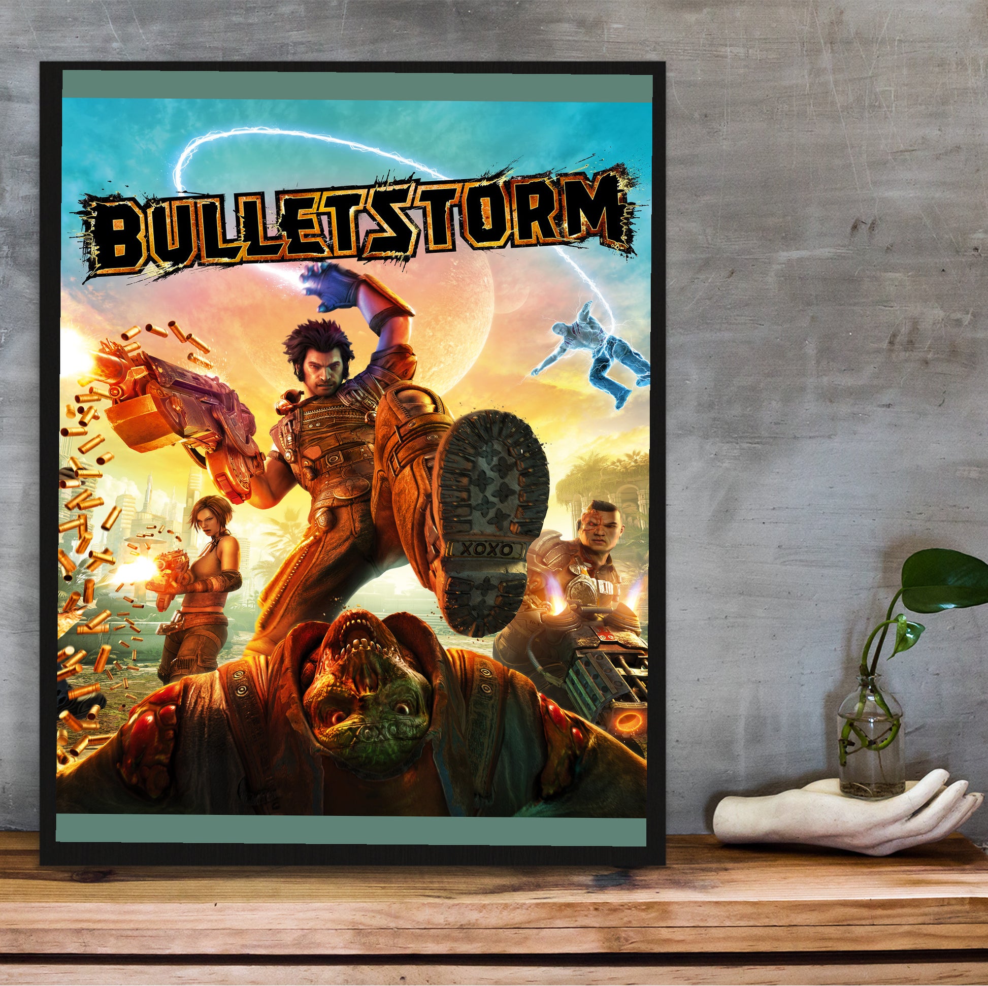 Bulletstorm logo cover art poster hung above a desk