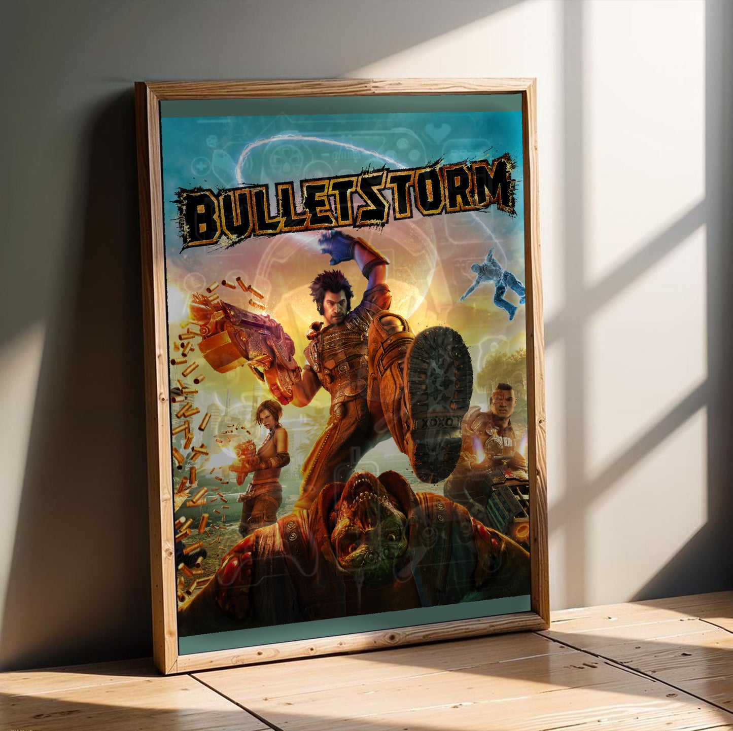 Bulletstorm logo cover art poster in a modern interior