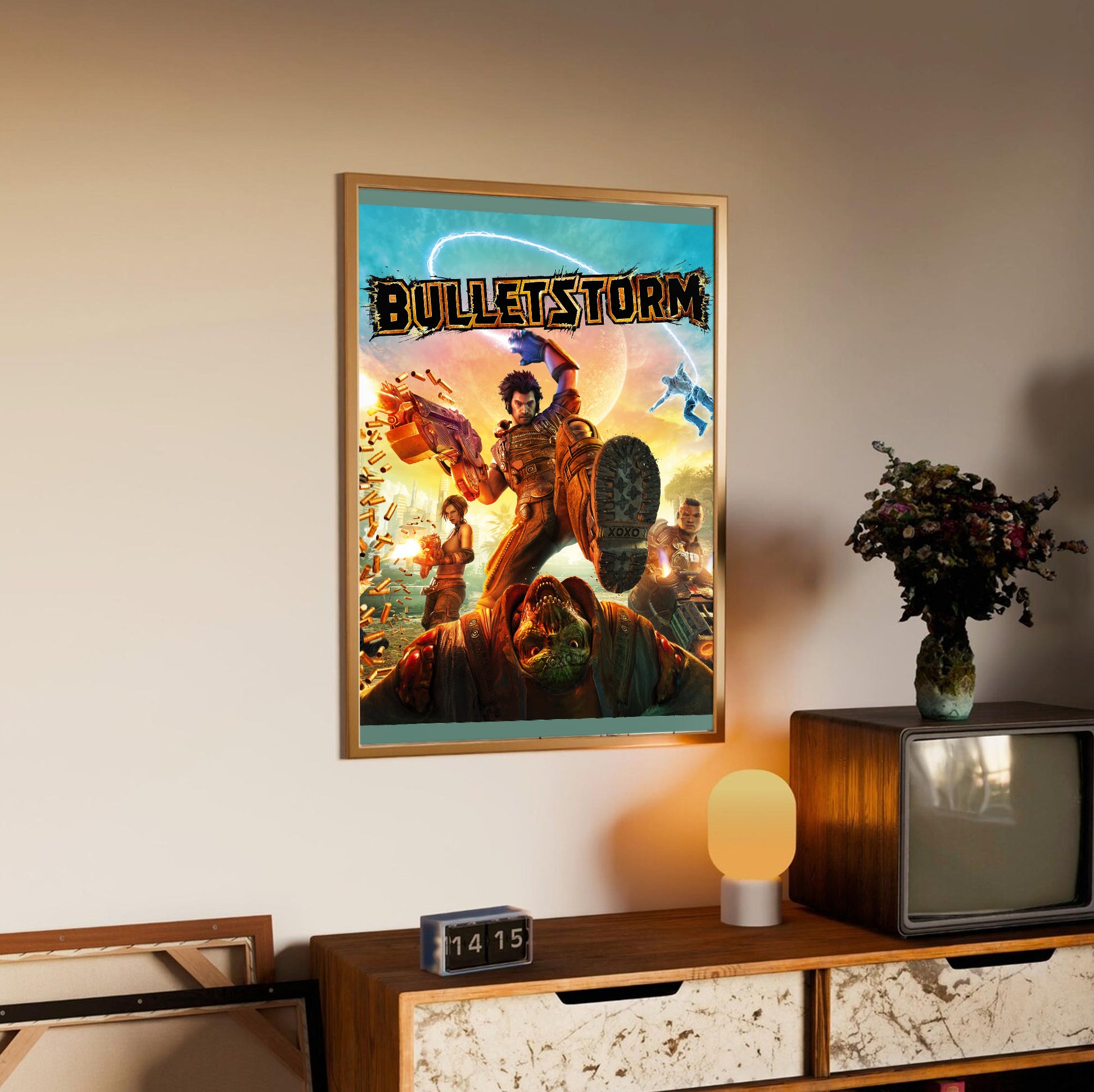 Bulletstorm logo cover art poster styled on a gallery wall