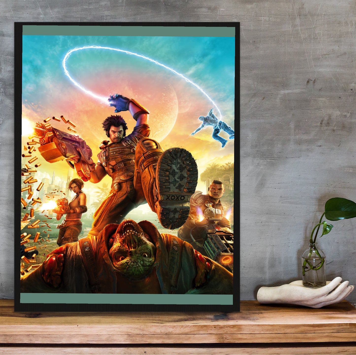 Bulletstorm cover art poster hung above a desk